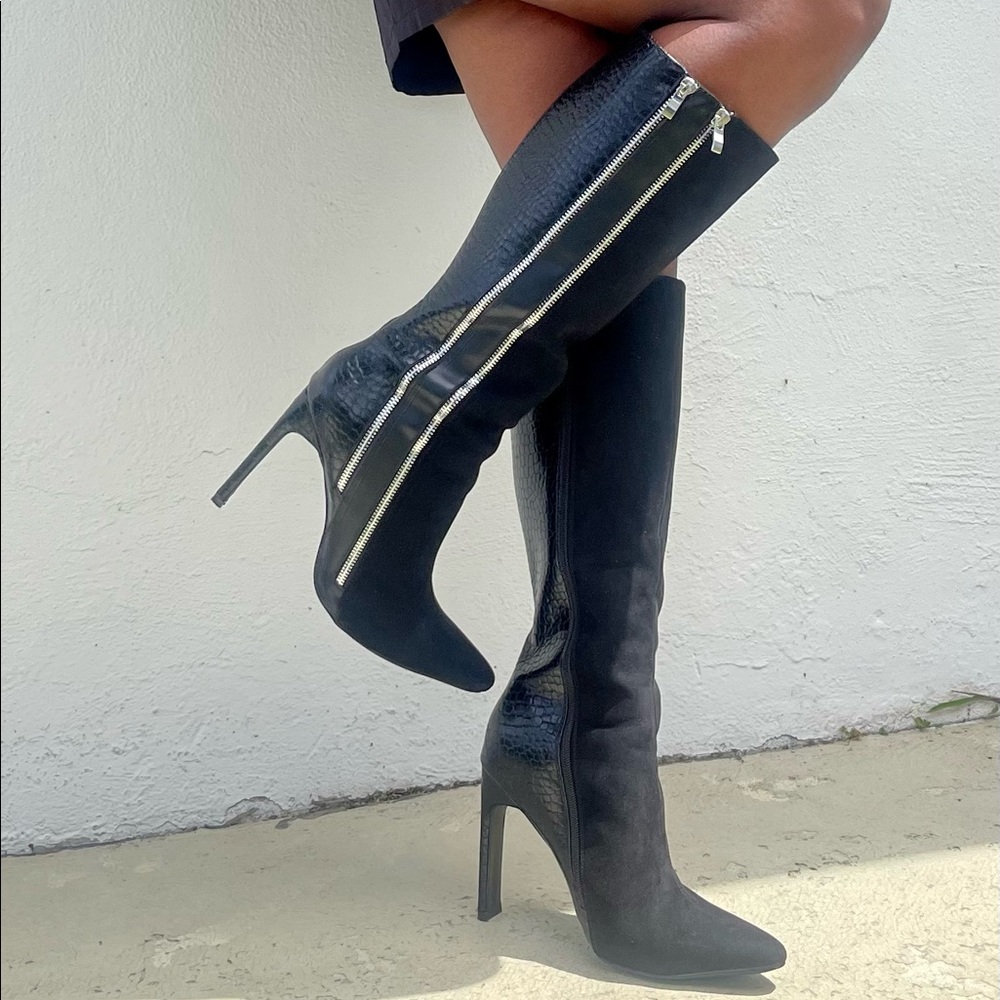 High heel faux leather and velvet boot with zipper accent